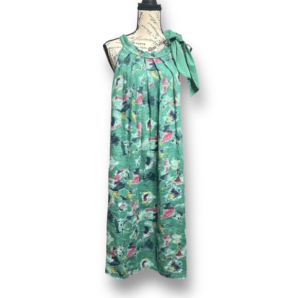 Bellambra L Linen Green Floral Midi Dress Made in Italy Bow Tie Neck Boho Chic - Picture 1 of 7